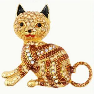Betsey Johnson Brooch Orange & Iridescent Crystal Cat Gold Tone